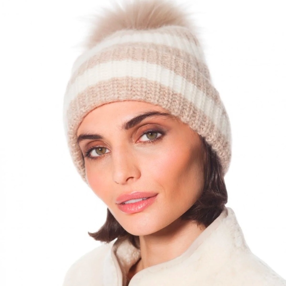 NEW Linda Richards New York Knit Stripe cashmere blend genuine fur Pom-pom Hat.